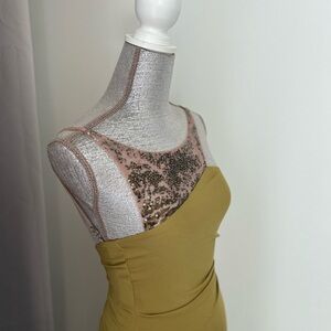 BCBG Maxazria Olive and nude evening gown